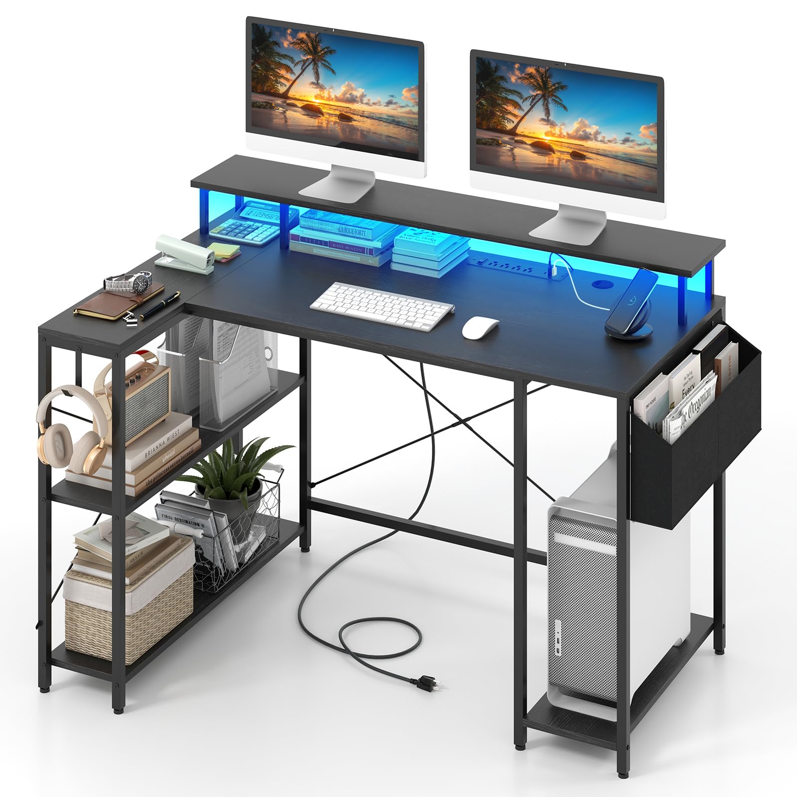 Tangkula L-Shaped Gaming Desk with LED Lights & Power Outlets